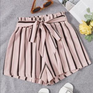 Shein Paper Bag High Waisted Belted Striped Shorts in Pink and Black Size S
